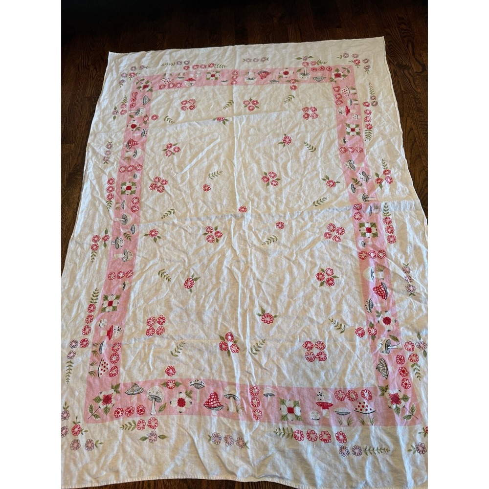 Vintage table cloth.   Pink. Mushrooms